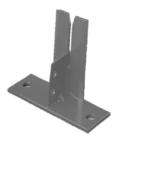 Gray metal bracket with a flat base featuring two holes at each end. Two vertical prongs with a central gap extend from the base, designed for mounting or supporting structures. Suitable for structural or mechanical applications.