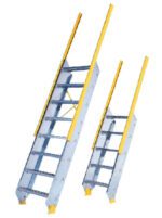 Two metal stair ladders with safety railings are shown. Both ladders have yellow handrails and gray steps. One ladder is larger, and both are angled as if placed against a surface. The structures are designed for industrial use.