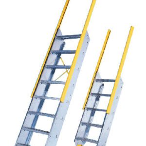 Two metal stair ladders with safety railings are shown. Both ladders have yellow handrails and gray steps. One ladder is larger, and both are angled as if placed against a surface. The structures are designed for industrial use.