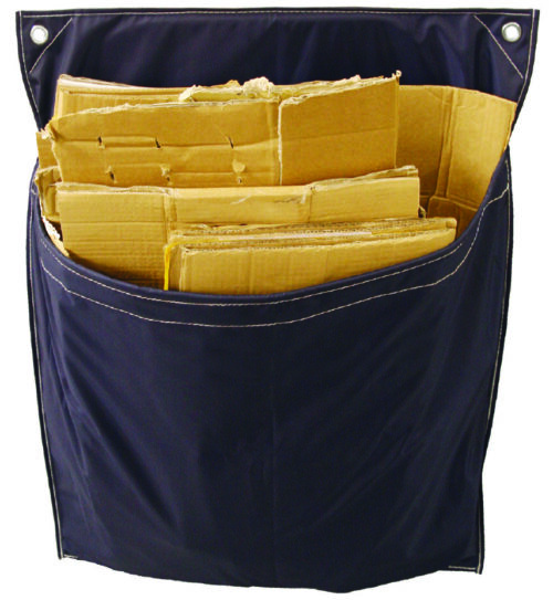 T1B_02.jpg The MH-USA Racksack Trolley - Single Pocket, vibrant blue with white stitching and metal grommets, is filled with brown cardboard, ideal for efficient storage or organization.
