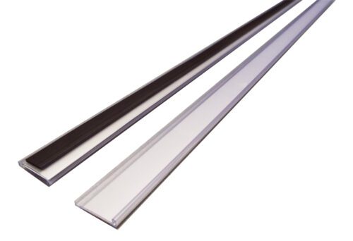 Two elongated, flat MH-USA Magnetic Ticket Holders with a clear covering; one has a black inner layer and the other is white. They are positioned diagonally on a plain white background. Dimensions: H.0.98 in x W.39.37 in — Pack of 10, including card.