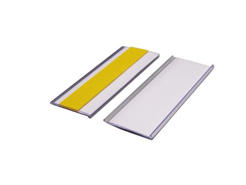 TS310.jpg The MH-USA Self-Adhesive Ticket Holders come in a pack of 100, each measuring H.1.5xW.3.94, with two rectangular strips—one featuring a yellow strip and one plain white—encased in a transparent cover outlined in silver, ideal for card display.
