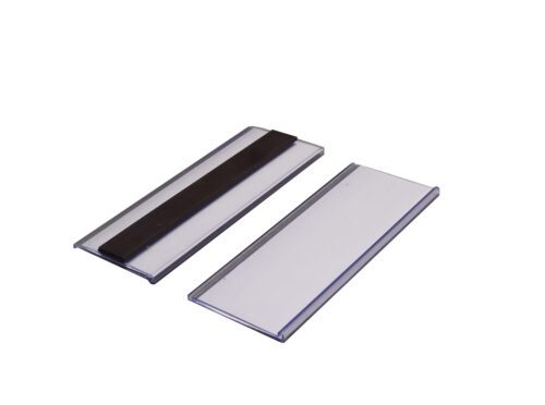 Two rectangular metal nameplates on a white background: the left, akin to an MH-USA Magnetic Ticket Holder (H.1.5 in. x W.3.94 in.) with a black strip across the top; the right is blank. Both have clear borders and include a card from the pack of 100.