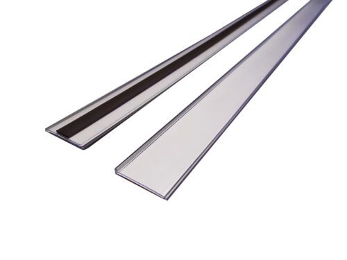 TS38M-10.jpg Two long, thin, shiny MH-USA Magnetic Ticket Holder strips, measuring H.1.5 in x W.39.37 in., are shown against a white background, slightly angled away from each other in a pack of 10 with an included card.