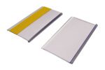 Two rectangular panels similar to the MH-USA Self Adhesive Ticket Holder (H.2.13 in. x W.3.94 in., Pack of 100, including card) are shown; one has a yellow stripe on top, and the other is plain silver with a metallic finish, resembling nameplates.