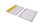 Two thin, rectangular notepads with metal binding on top have a white cover. The left one features a yellow strip similar in simplicity to the MH-USA Self Adhesive Ticket Holder, while the right notepad is plain. Both appear to be made of lightweight material.