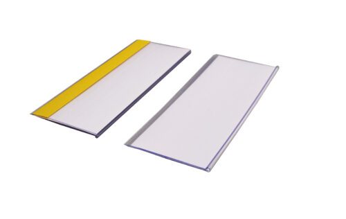 Two MH-USA Self Adhesive Ticket Holders, H.3.15 x W.7.87, appear on a white background; the left one has a yellow stripe and the right is plain. Both have a glossy finish and raised edges, perfect for securely holding cards.