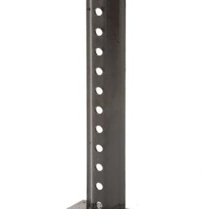 A sleek, vertical black metal beam with evenly spaced holes stands on a 90 lb base, featuring the TCT U-channel adaptor for use in 30, 60, and 90 lb configurations. Photographed against a white backdrop, it highlights both design and versatility.
