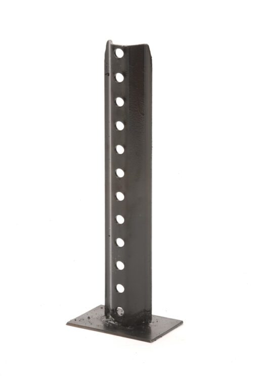 A sleek, vertical black metal beam with evenly spaced holes stands on a 90 lb base, featuring the TCT U-channel adaptor for use in 30, 60, and 90 lb configurations. Photographed against a white backdrop, it highlights both design and versatility.