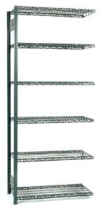 A tall, grey metal storage rack with six wire shelves stacked vertically, placed on a white background. Each shelf is evenly spaced and the structure is open without any backing or sides.
