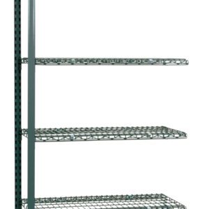 A tall, grey metal storage rack with six wire shelves stacked vertically, placed on a white background. Each shelf is evenly spaced and the structure is open without any backing or sides.