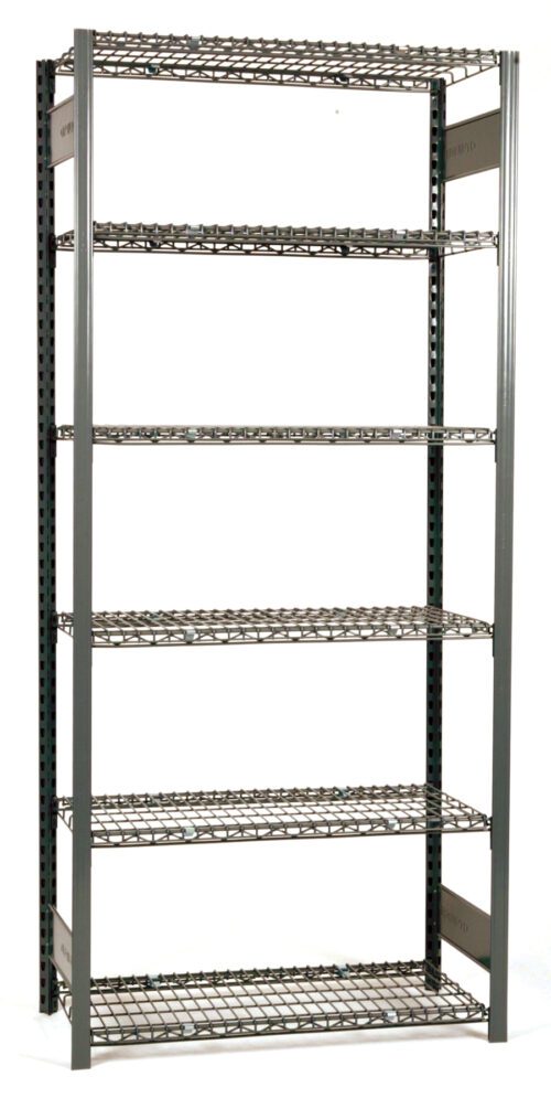 V-Grip-WireStater-0326.jpg A tall metal storage rack with six evenly spaced wire shelves. The structure is made of dark gray metal with open sides and back. The design is industrial, suitable for organizing or storing items in a warehouse or garage.