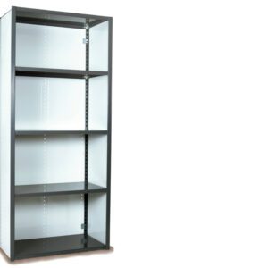 A tall, empty metal bookshelf with five shelves, standing against a white background. The frame is dark-colored, with white side panels and evenly spaced shelves.