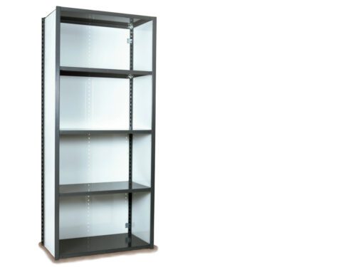 A tall, empty metal bookshelf with five shelves, standing against a white background. The frame is dark-colored, with white side panels and evenly spaced shelves.