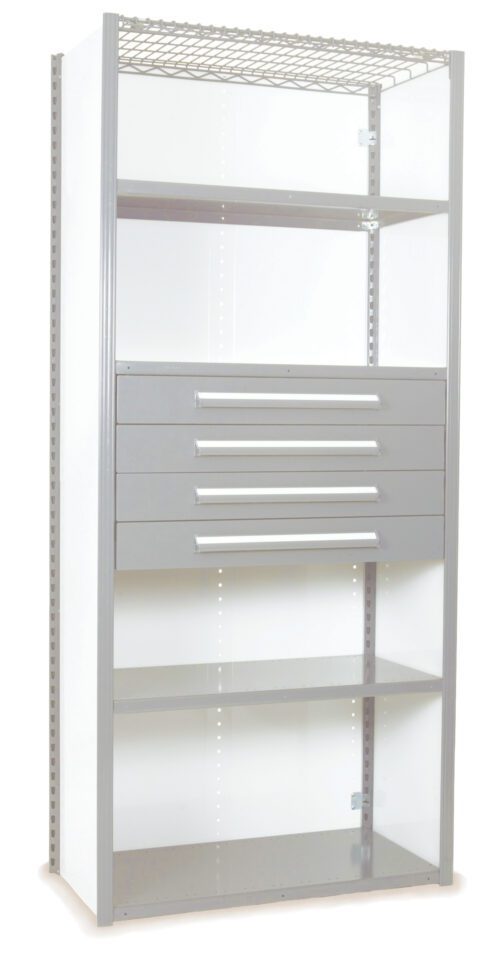 VGDrawer4223-1.jpg A tall, metal storage unit with a mesh top shelf, four metallic gray drawers with handles in the middle, and two open shelves below. The frame is gray with white side panels, suitable for organizing tools.