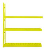 Bright yellow, three-tiered metal shelving unit against a white background. The shelves are empty, showcasing a simple, modern design.