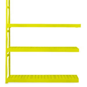 Bright yellow, three-tiered metal shelving unit against a white background. The shelves are empty, showcasing a simple, modern design.