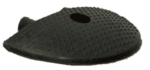 A black, perforated oval item with a round hole near the top resembles a textured mat, likely part of the TCT 5-10 MPH Speed Bump collection, designed for functionality and sold in pairs as TCT 5-10 MPH Speed Bump - 12 Wide End (Sold in pairs).