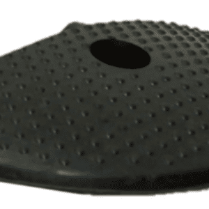 A black, perforated oval item with a round hole near the top resembles a textured mat, likely part of the TCT 5-10 MPH Speed Bump collection, designed for functionality and sold in pairs as TCT 5-10 MPH Speed Bump - 12 Wide End (Sold in pairs).