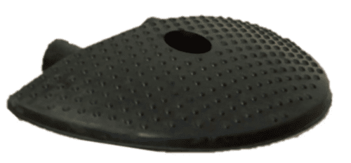 A black, perforated oval item with a round hole near the top resembles a textured mat, likely part of the TCT 5-10 MPH Speed Bump collection, designed for functionality and sold in pairs as TCT 5-10 MPH Speed Bump - 12 Wide End (Sold in pairs).