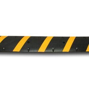 The TCT 5-10 MPH Speed Bump is black, measures 12 wide x 72 long x 2 tall, and includes five diagonal yellow stripes on a white background.