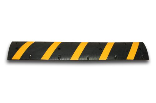 The TCT 5-10 MPH Speed Bump is black, measures 12 wide x 72 long x 2 tall, and includes five diagonal yellow stripes on a white background.