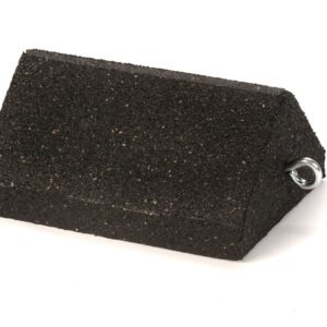 A rectangular block with angled corners and an eye bolt resembles the TCT Triangle Heavy-Duty Wheel Chock. Its smooth, double-sided, black, measures 10x7.75x5, and rests against a white backdrop, ready for reliable performance.