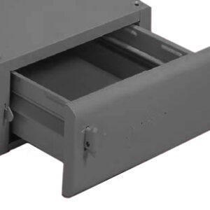 A gray metal drawer is partially open, showing an empty compartment. The drawer is part of a larger metal structure, with a simple design and no visible handles.