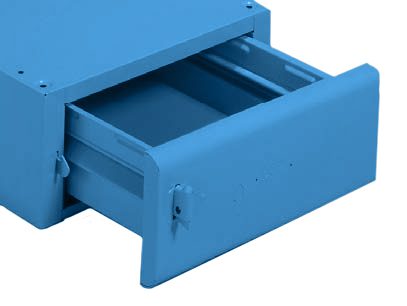 WORKCENTER20DRAWER20_20Regal20Blue.jpg A blue metal drawer partially opened, showing the inner compartment. The drawer is part of a larger storage unit or cabinet, with visible screws on the front panel.