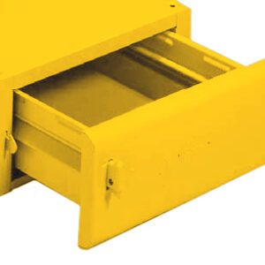A bright yellow metal drawer is partially open, revealing the inside. The drawer appears to be part of a larger piece of furniture or storage unit.