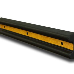 The TCT Heavy Duty Wall Protector features a black rubber design with a yellow center strip, triangular shape, rounded edges, and two mounting screw holes. Its dimensions are 39 3/4L x 6W x 2 1/4 on a white background.