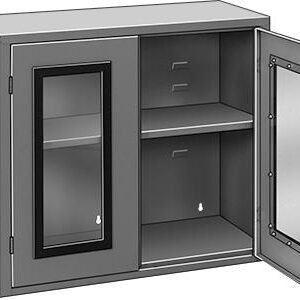 Illustration of a metal cabinet with a transparent glass section on the left door. The right door is open, revealing two shelves and internal storage space. The cabinet is rectangular and appears to be for storage or display purposes.