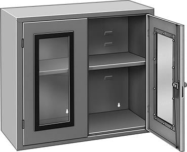 Wallmount20QV20cabinet.jpg Illustration of a metal cabinet with a transparent glass section on the left door. The right door is open, revealing two shelves and internal storage space. The cabinet is rectangular and appears to be for storage or display purposes.
