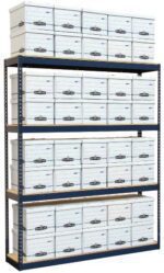 A metal shelving unit, acquired through state shelving contracts, is filled with rows of white storage boxes stacked neatly. These boxes are organized uniformly across four shelves, with some additional ones placed on the top.