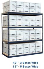 A metal shelving unit filled with rows of uniform white boxes offers customizable shelving solutions. Each shelf holds multiple boxes stacked in neat rows. The text at the bottom reads 42 - 3 Boxes Wide and 69 - 5 Boxes Wide.