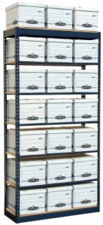 A tall, metal shelving unit filled with multiple rows of white storage boxes. Each box has a label on the front and they are neatly organized across five shelves.