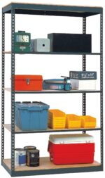 A metal shelving unit with five levels efficiently organizes items in the cannabis growing facility: a clock, a metal box, a black box, orange and blue toolboxes, yellow bins, a styrofoam container, a red cooler, and boxed computer paper.