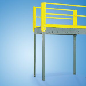 An elevated yellow and gray industrial safety platform with railings, reminiscent of a structural mezzanine, stands against a solid blue background. Supported by four sturdy legs, it embodies both functionality and robust design.