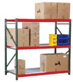 A storage shelf with three levels. The top shelf holds three large cardboard boxes. The middle shelf has several smaller boxes and blue and yellow containers. The bottom shelf has two large cardboard boxes. The frame is green with red beams.