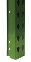 Close-up of a green metal post with a series of evenly spaced holes and an angled edge, used for construction or structural support.