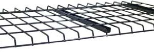 A black metal wire shelf, rectangular in shape, with a grid-like pattern. The shelf has multiple evenly spaced thin bars running horizontally and vertically, supported by two thicker bars underneath.