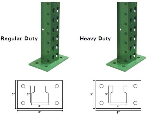The image shows two metal posts with base plates. The left post is labeled Regular Duty and the right Heavy Duty. Below, there are diagrams with dimensions: 8 width, 5 height for the base plates, with 3 between holes.