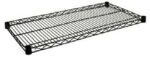 A black metal wire shelf lying flat, with a grid-like structure and four black corner caps. The shelf has a rectangular shape and is designed for use in shelving units.
