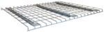 A silver wire decking panel with a grid pattern, designed by WireCrafters to support items stored on shelves. It features two reinforcing metal strips running lengthwise underneath for added strength, ensuring durability similar to robust wire mesh partitions.