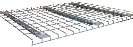 A silver wire decking panel with a grid pattern, designed by WireCrafters to support items stored on shelves. It features two reinforcing metal strips running lengthwise underneath for added strength, ensuring durability similar to robust wire mesh partitions.