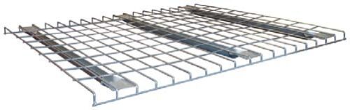 A silver wire decking panel with a grid pattern, designed by WireCrafters to support items stored on shelves. It features two reinforcing metal strips running lengthwise underneath for added strength, ensuring durability similar to robust wire mesh partitions.