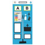 Wall board for organizing cleaning tools with labeled spots for items. Includes spaces for a broom, dustpan, bottle spray, and clipboard. Sections A and B are highlighted with color-coded safety guidelines and maximum load instructions.