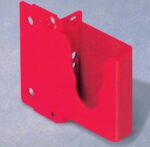 A red wall-mounted bracket with multiple holes, likely for screws, and a curved section in the middle. Its designed to hold an item securely. The background is a plain light blue surface.
