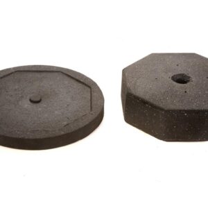Two black rubber weight plates are on a white background. The left plate is circular with an octagonal ridge, and the right is octagonal with a center hole. They work as TCT Round extender bases, adding to a 60 lb base to efficiently reach your 90 lbs goal.