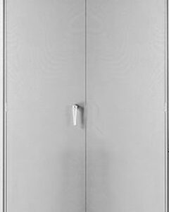 A closed, plain gray metal door with a central vertical seam and a single small handle in the middle appears against a white background.